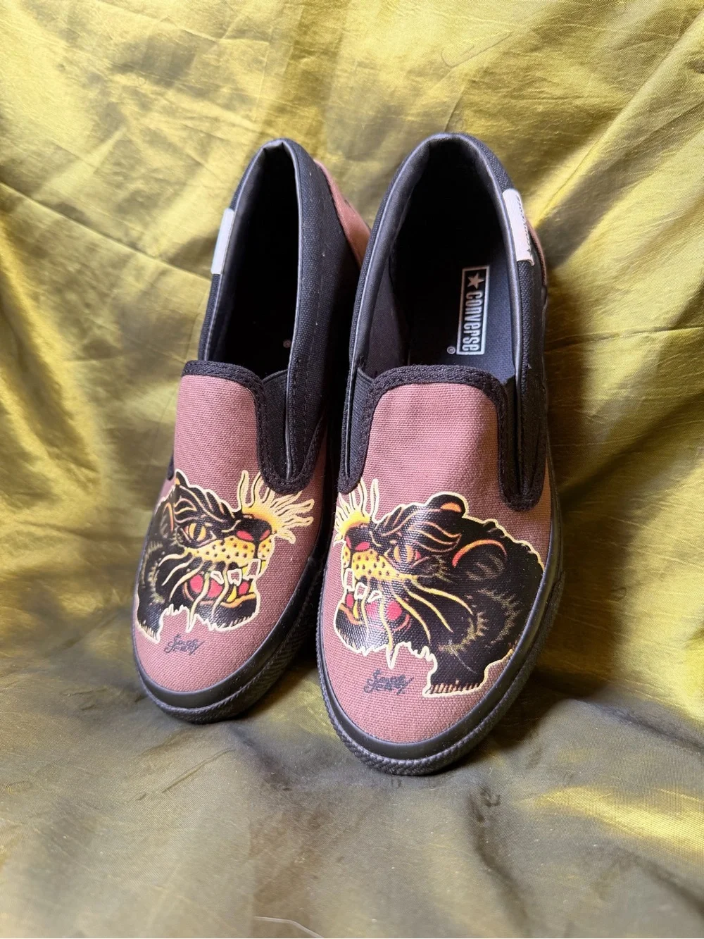 Womens Brown Slip-On Canvas Converse/ Sailor Jerry Sneakers with Panther Graphic